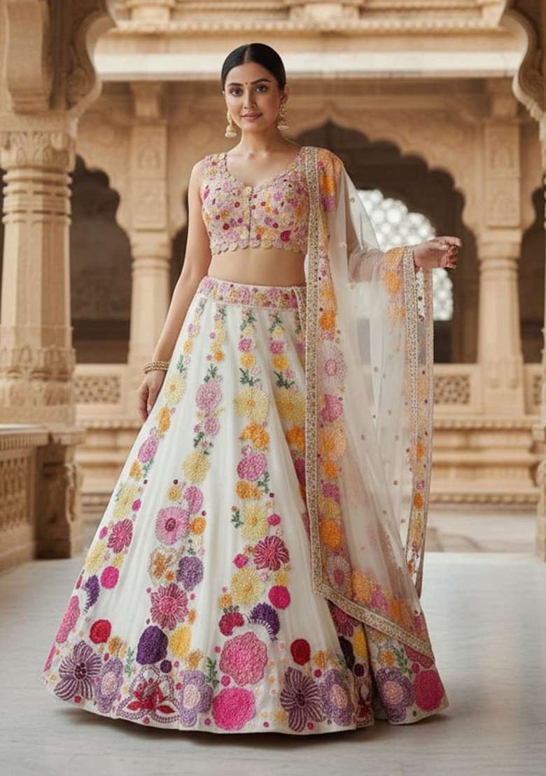 Beige Embroidered Chinon Lehenga Set - Indya