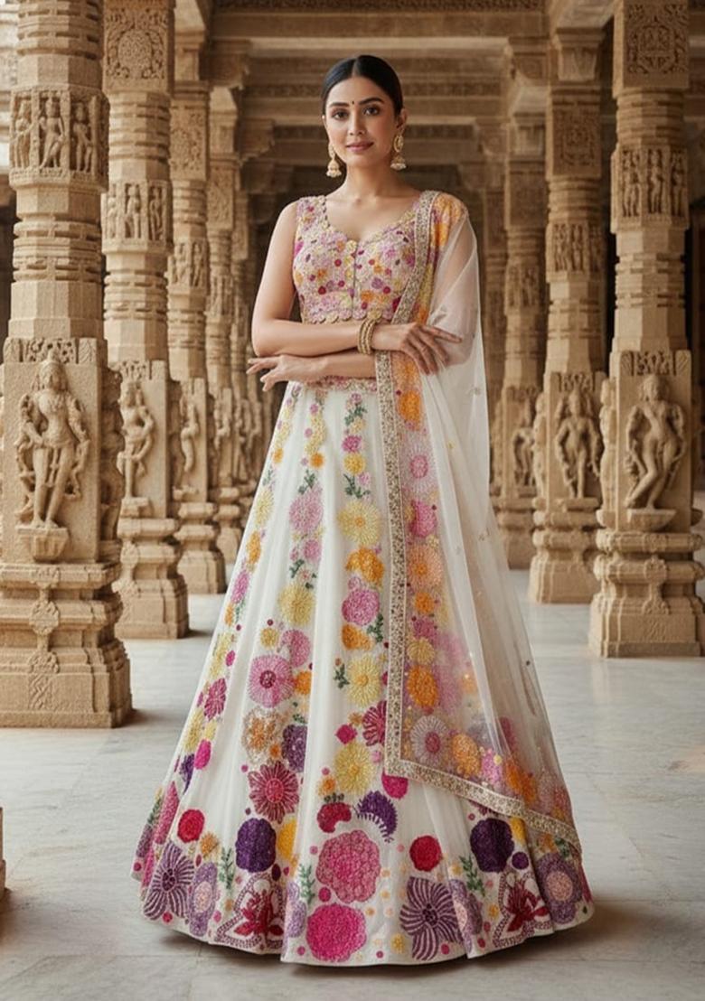 Beige Embroidered Chinon Lehenga Set - Indya