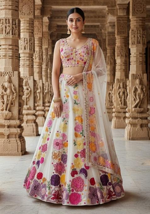 Beige Embroidered Chinon Lehenga Set
