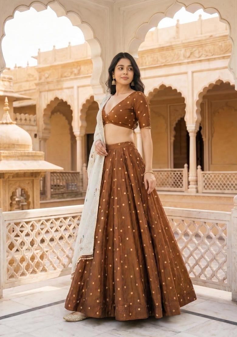 Brown Embroidered Silk Blend Lehenga Set - Indya