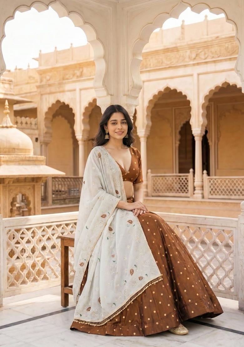 Brown Embroidered Silk Blend Lehenga Set - Indya