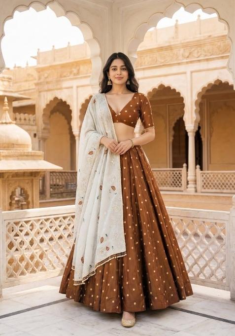 Brown Embroidered Silk Blend Lehenga Set
