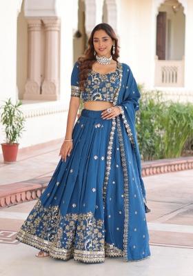 Blue Embroidered Silk Blend Lehenga Set