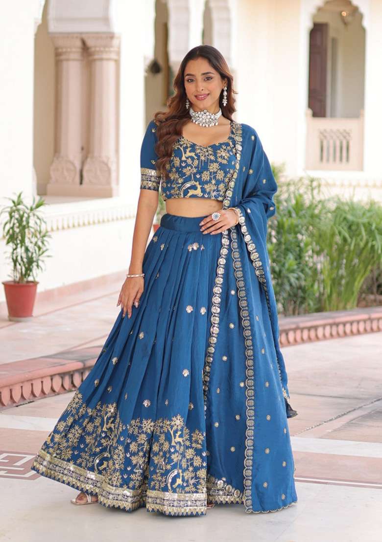 Blue Silk Blend Lehenga Set with Embroidered for Diwali | Wedding & Festive Wear - Indya