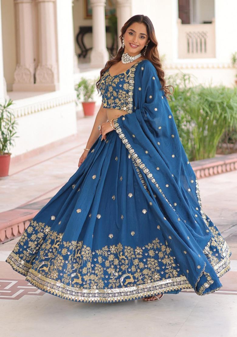 Blue Embroidered Silk Blend Lehenga Set - Indya