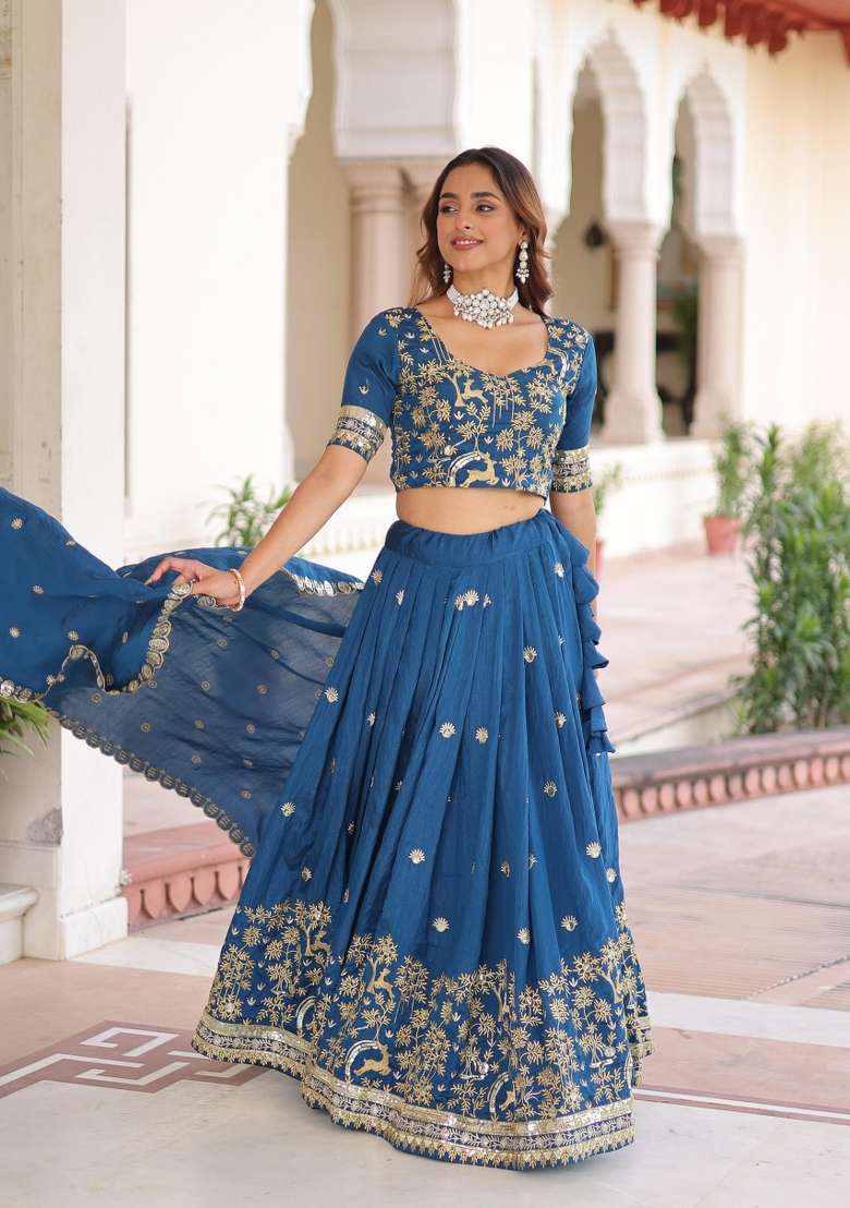Blue Silk Blend Lehenga Set with Embroidered for Diwali | Wedding & Festive Wear - Indya