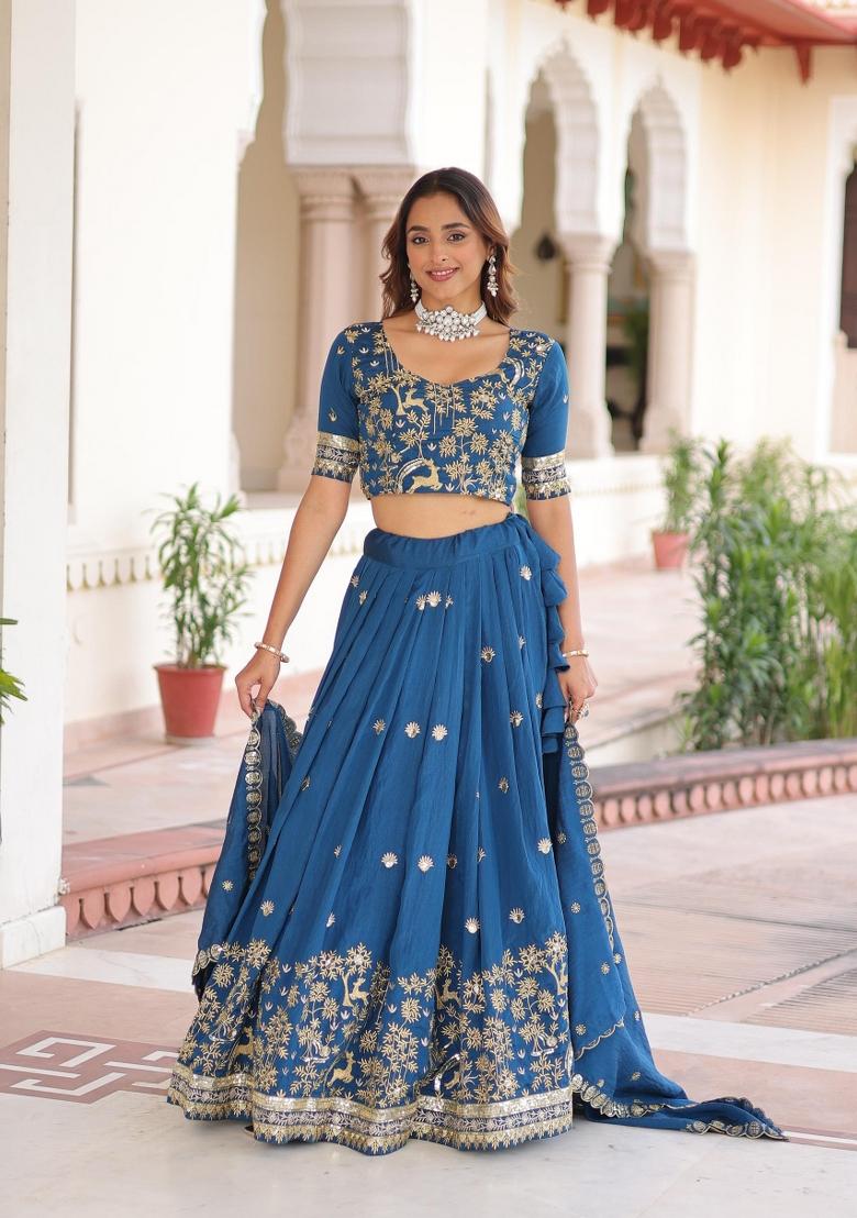 Blue Embroidered Silk Blend Lehenga Set - Indya