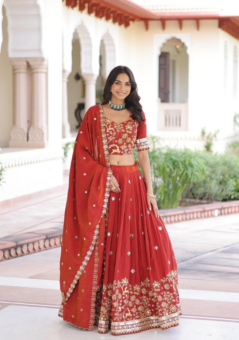 Rust Orange Embroidered Silk Blend Lehenga Set - Indya