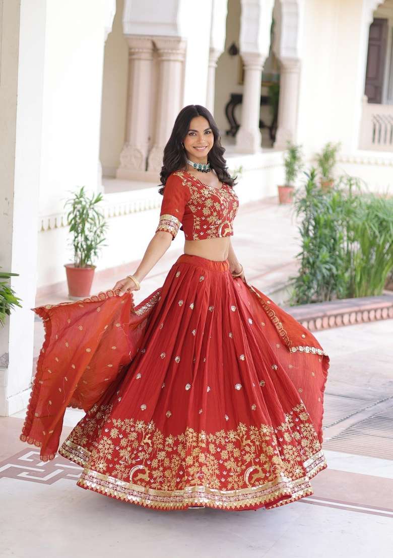 Rust Orange Silk Blend Lehenga Set with Embroidered for Diwali | Wedding & Festive Wear - Indya