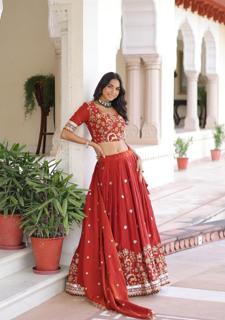 Rust Orange Embroidered Silk Blend Lehenga Set - Indya