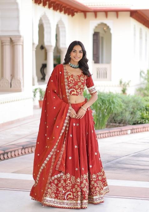 Rust Orange Embroidered Silk Blend Lehenga Set