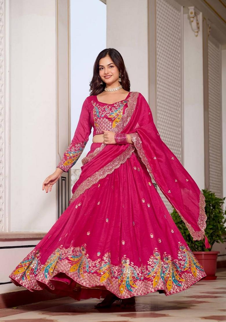 Pink Embroidered Silk Blend Lehenga Set - Indya