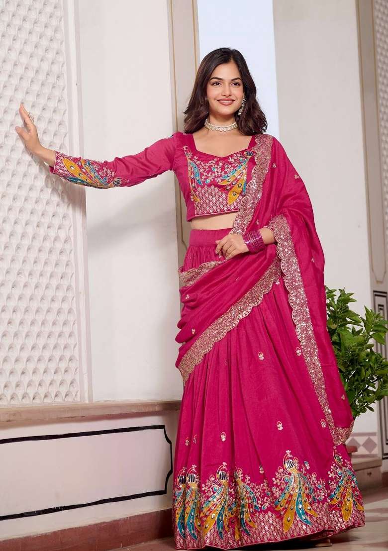 Pink Silk Blend Lehenga Set with Embroidered for Diwali | Wedding & Festive Wear - Indya