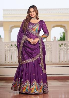 Violet Embroidered Silk Blend Lehenga Set