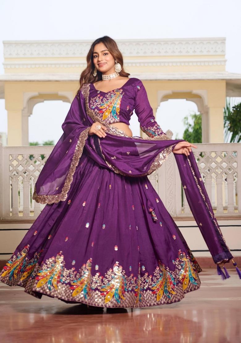 Violet Embroidered Silk Blend Lehenga Set - Indya