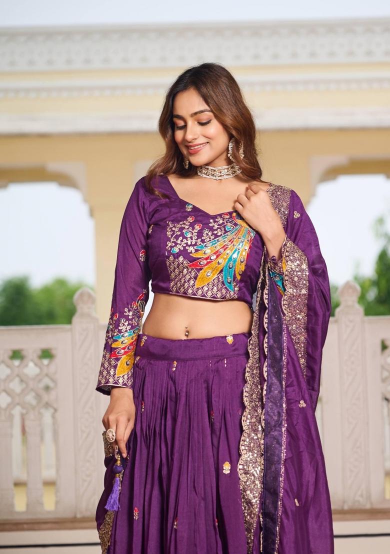 Violet Embroidered Silk Blend Lehenga Set - Indya