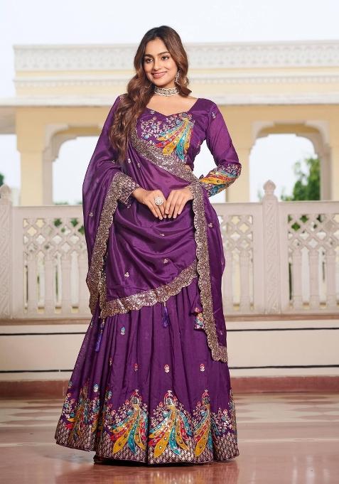 Violet Embroidered Silk Blend Lehenga Set