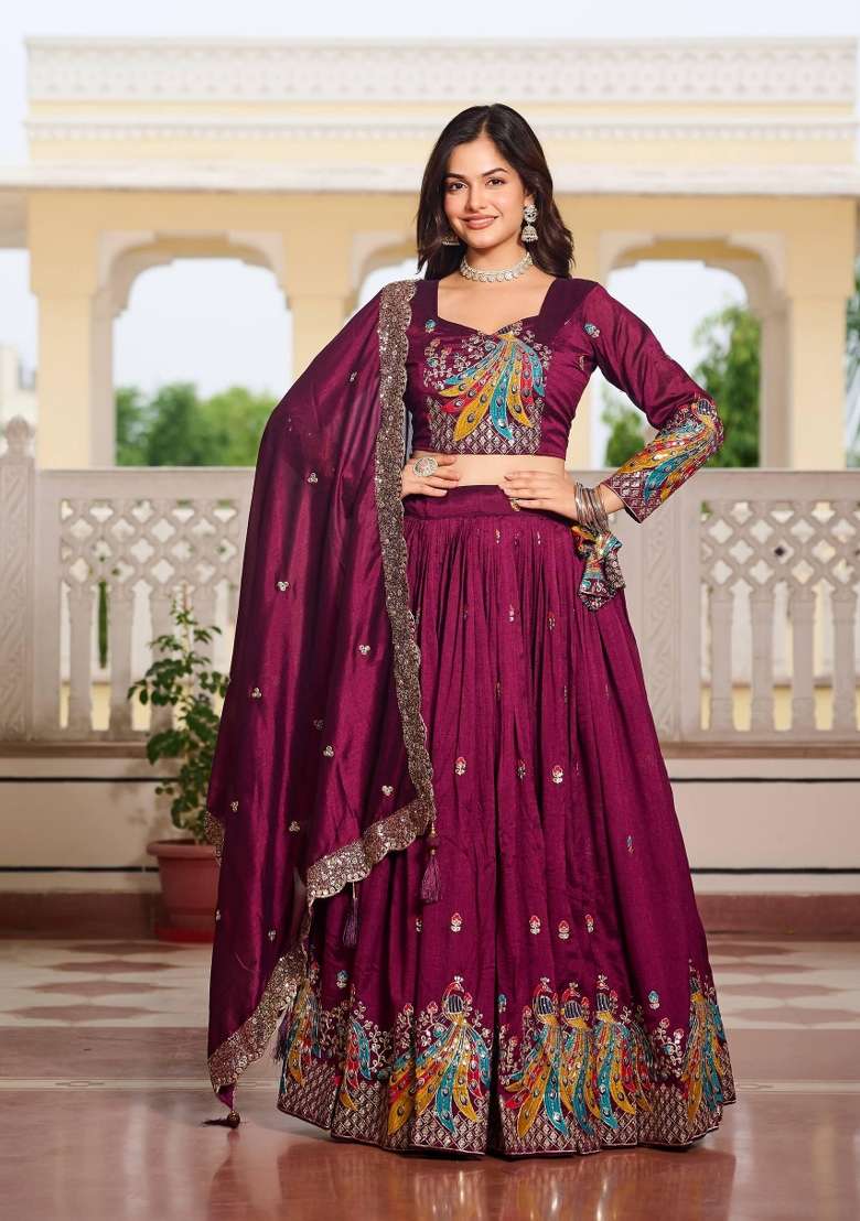 Wine Silk Blend Lehenga Set with Embroidered for Diwali | Wedding & Festive Wear - Indya