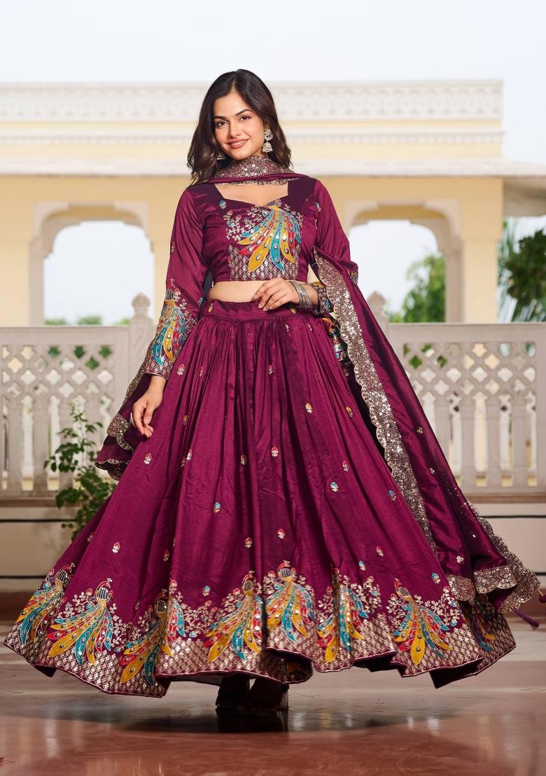 Wine Embroidered Silk Blend Lehenga Set - Indya