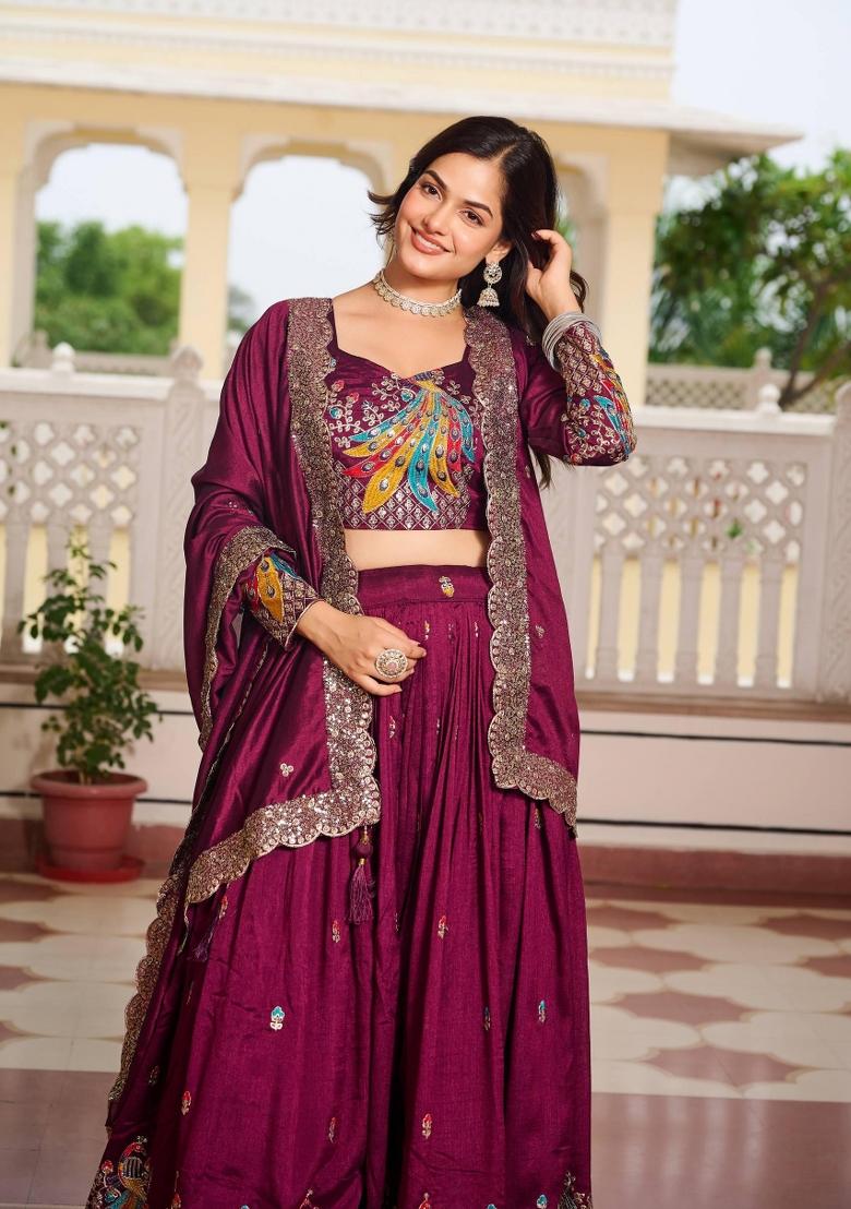 Wine Embroidered Silk Blend Lehenga Set - Indya