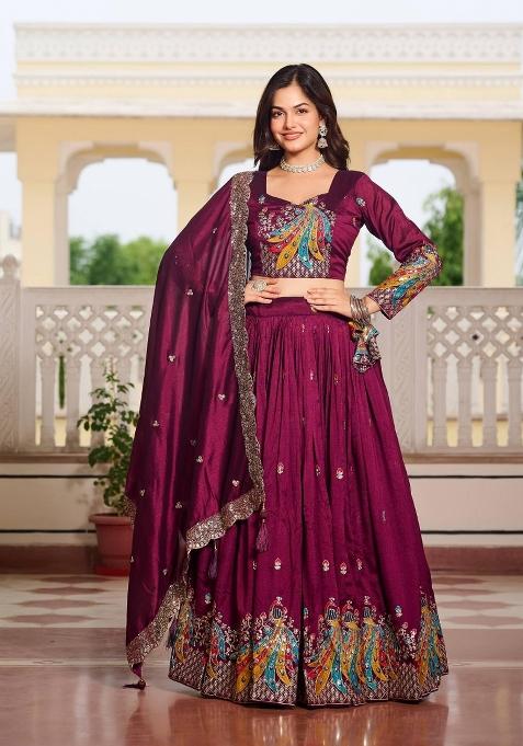 Wine Embroidered Silk Blend Lehenga Set