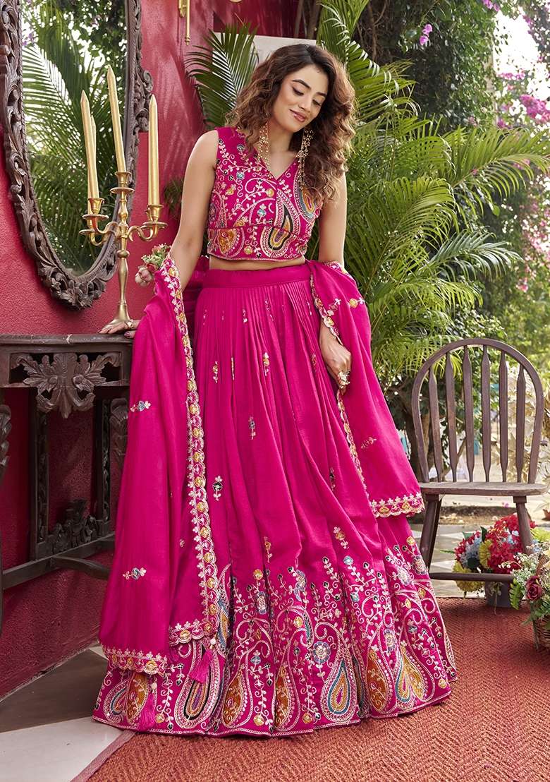 Pink Embroidered Silk Blend Lehenga Set for Diwali and Festive Wear - Indya