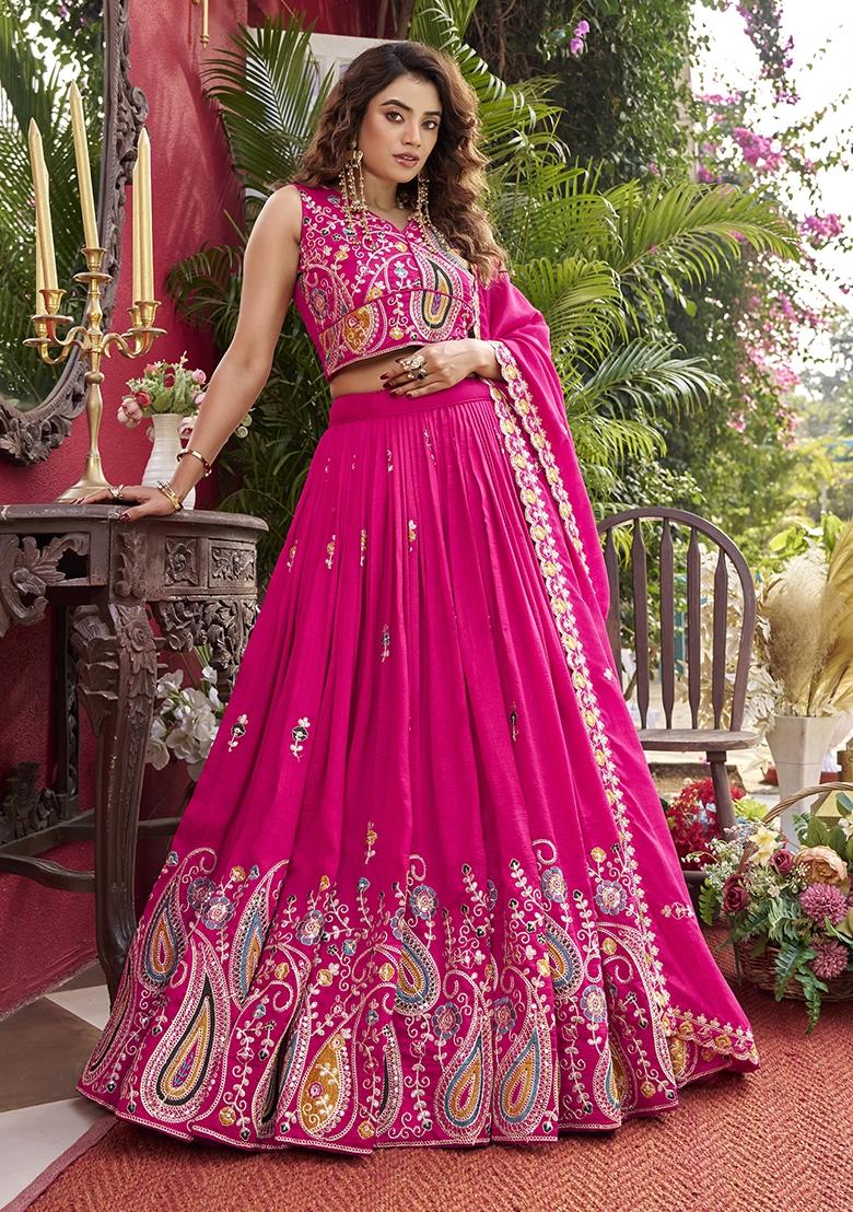 Pink Embroidered Silk Blend Lehenga Set - Indya