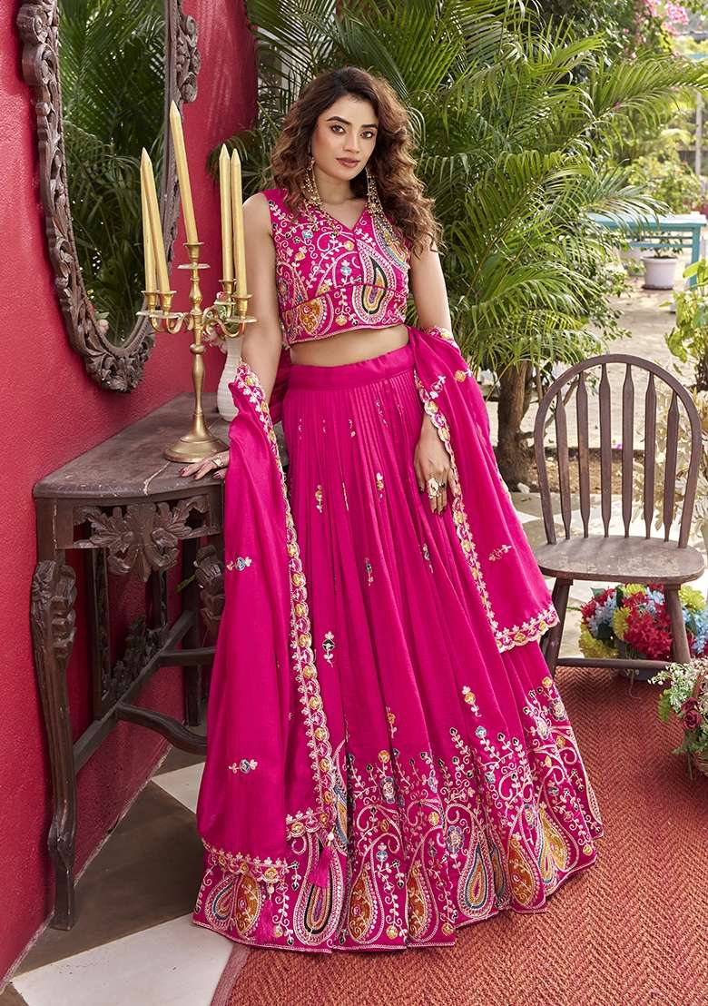 Pink Embroidered Silk Blend Lehenga Set for Diwali and Festive Wear - Indya