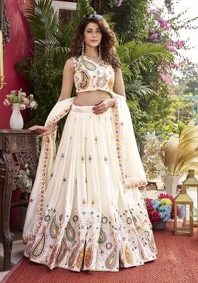 White Embroidered Silk Blend Lehenga Set