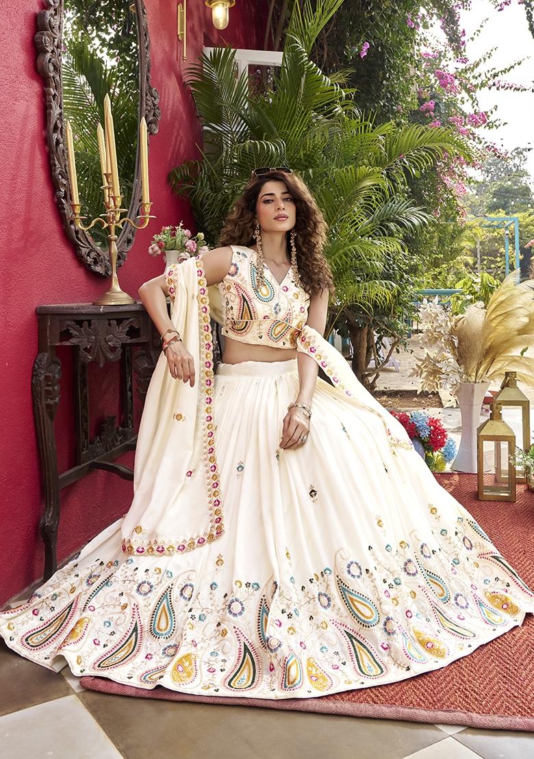 White Embroidered Silk Blend Lehenga Set - Indya