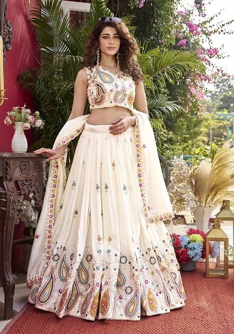 White Embroidered Silk Blend Lehenga Set