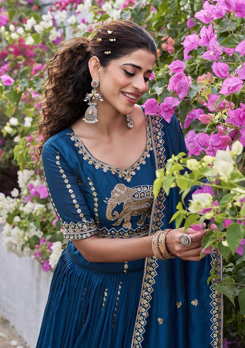 Rama Silk Blend Lehenga Set with Embroidered for Diwali | Wedding & Festive Wear - Indya