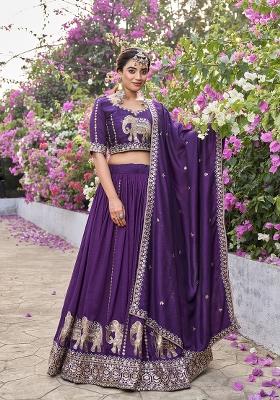 Wine Embroidered Silk Blend Lehenga Set