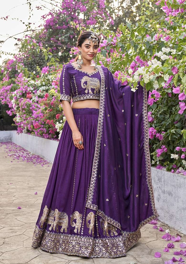 Wine Embroidered Silk Blend Lehenga Set for Diwali and Festive Wear - Indya