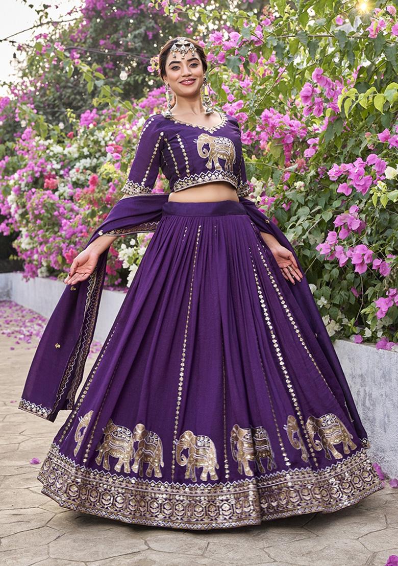 Wine Embroidered Silk Blend Lehenga Set - Indya
