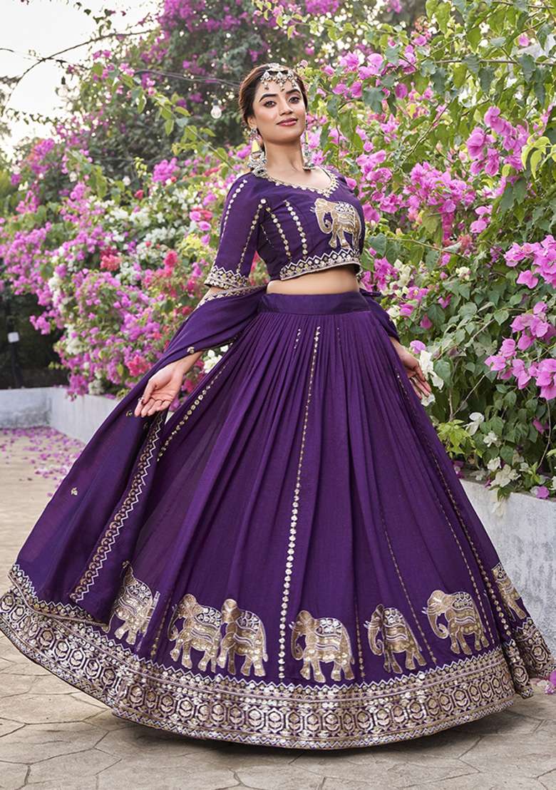 Wine Embroidered Silk Blend Lehenga Set for Diwali and Festive Wear - Indya