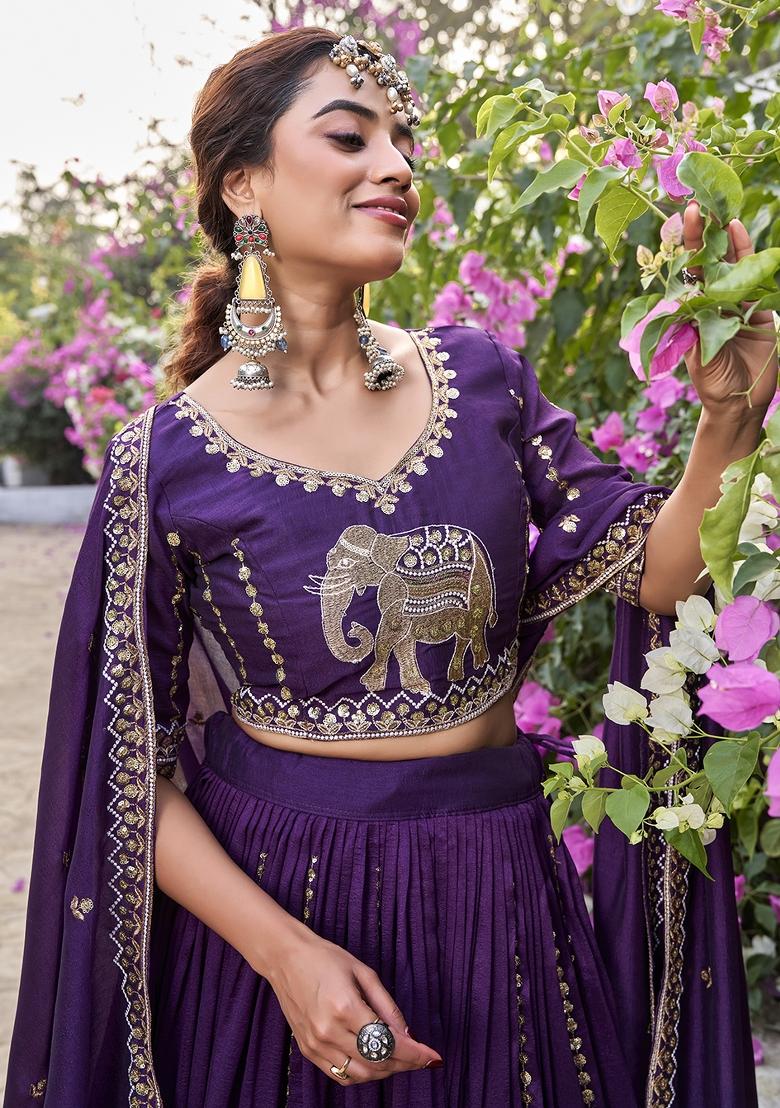 Wine Embroidered Silk Blend Lehenga Set - Indya