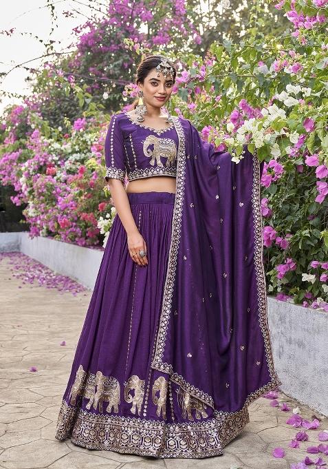 Wine Embroidered Silk Blend Lehenga Set
