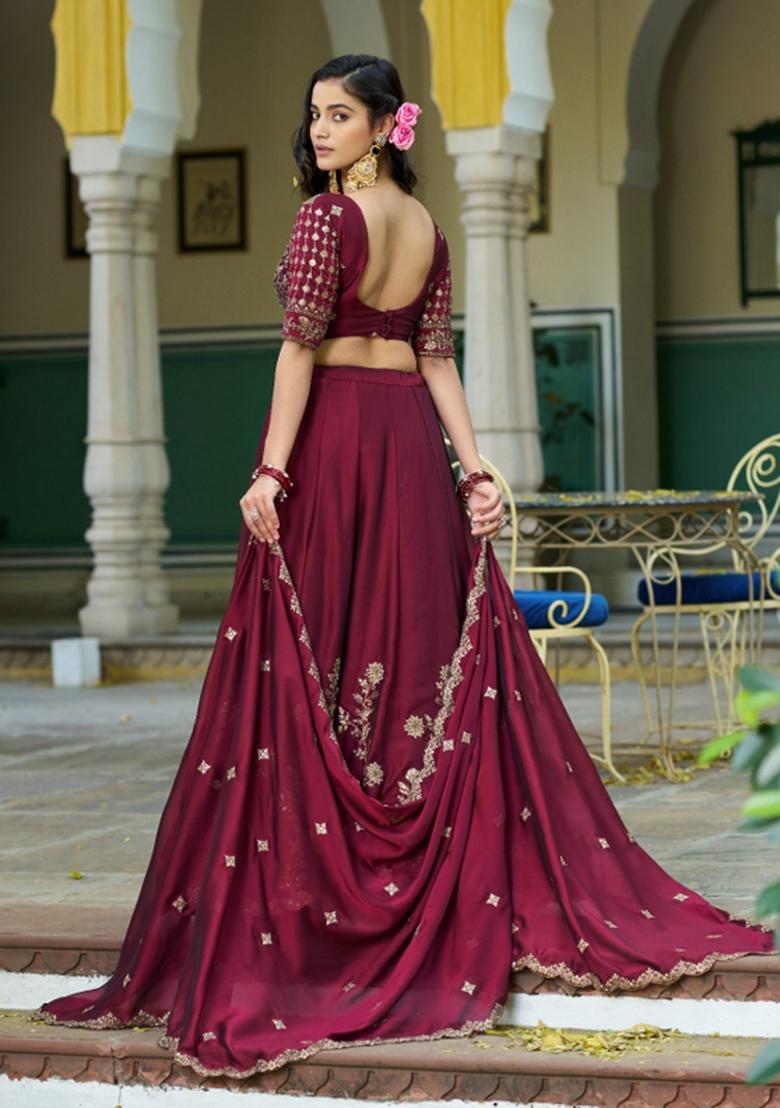 Magenta Embroidered Silk Blend Lehenga Set - Indya