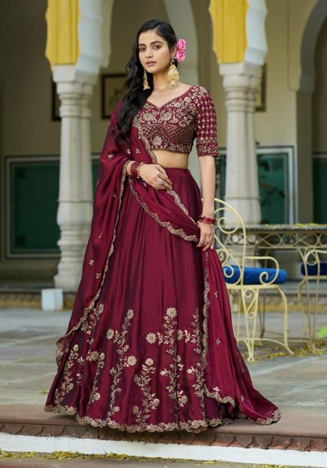 Magenta Embroidered Silk Blend Lehenga Set