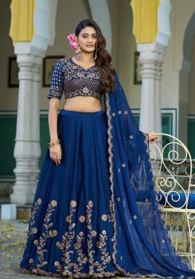 Navy Blue Embroidered Silk Blend Lehenga Set