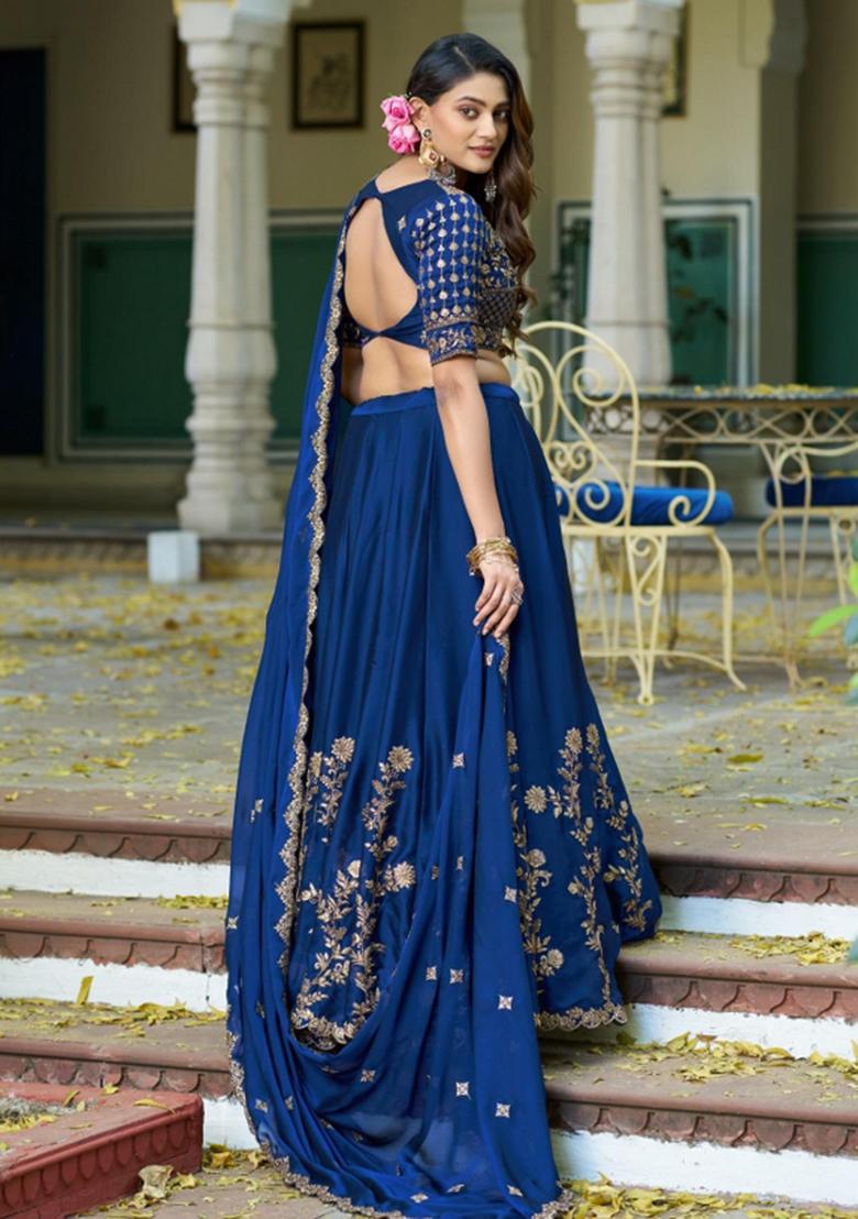 Navy Blue Embroidered Silk Blend Lehenga Set - Indya