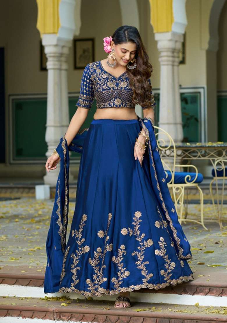 Navy Blue Embroidered Silk Blend Lehenga Set - Indya