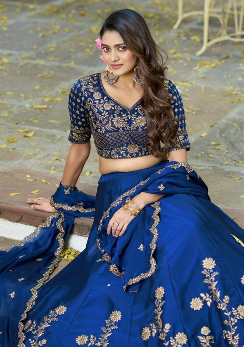 Navy Blue Embroidered Silk Blend Lehenga Set - Indya