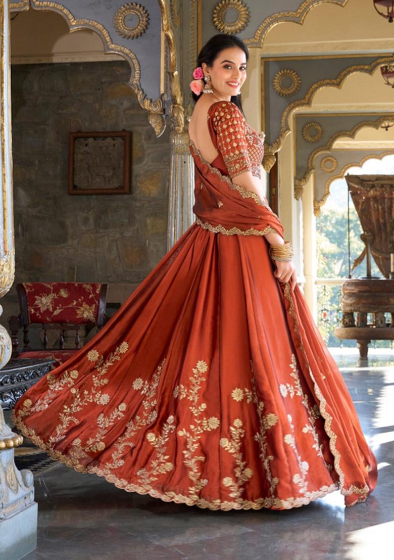 Rust Orange Embroidered Silk Blend Lehenga Set - Indya