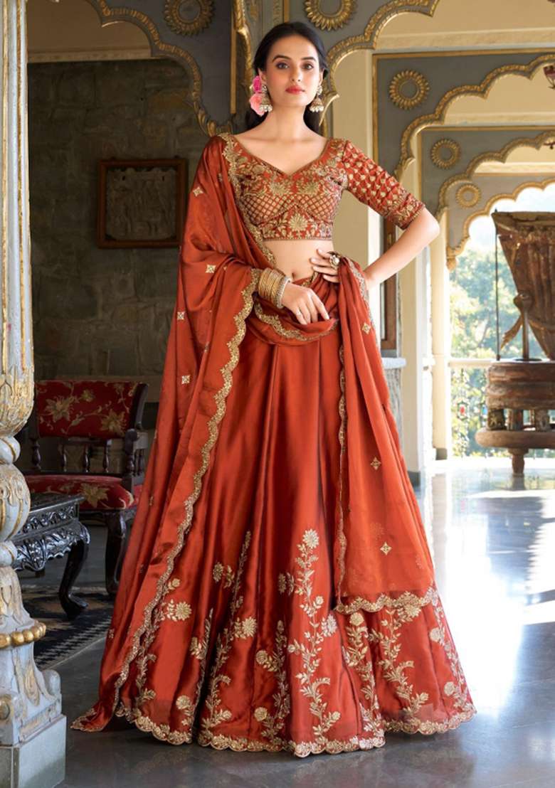 Rust Orange Embroidered Silk Blend Lehenga Set - Indya