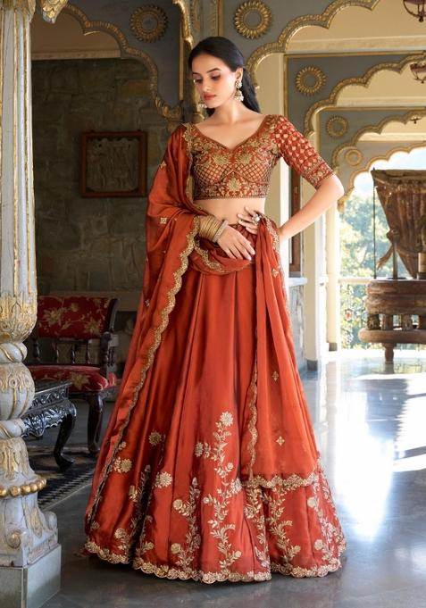 Rust Orange Embroidered Silk Blend Lehenga Set