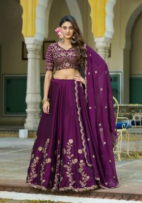 Wine Embroidered Silk Blend Lehenga Set