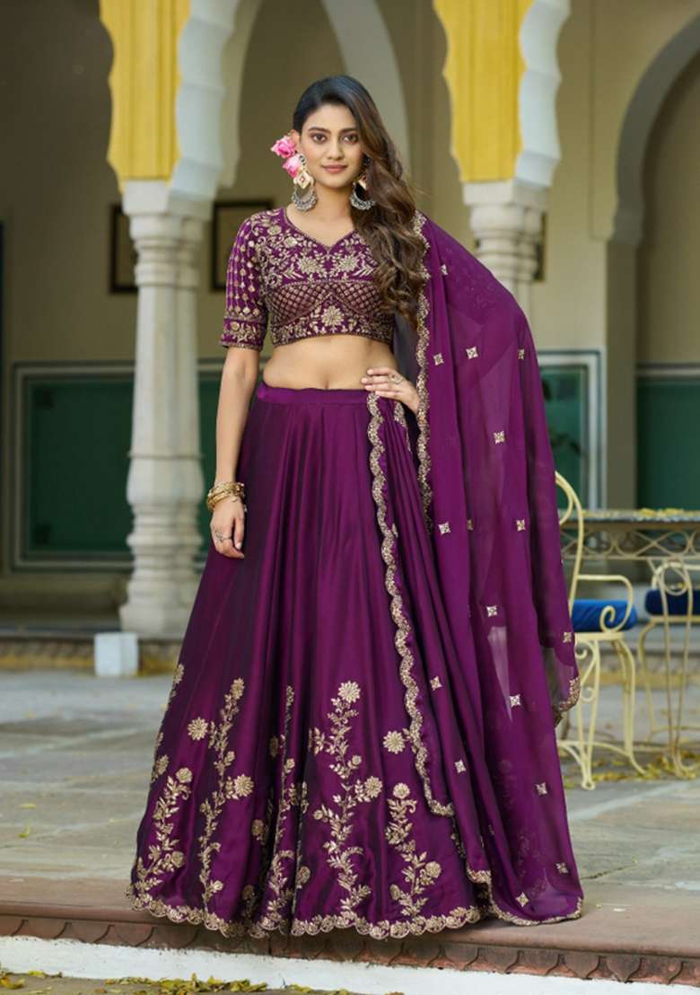 Wine Embroidered Silk Blend Lehenga Set - Indya