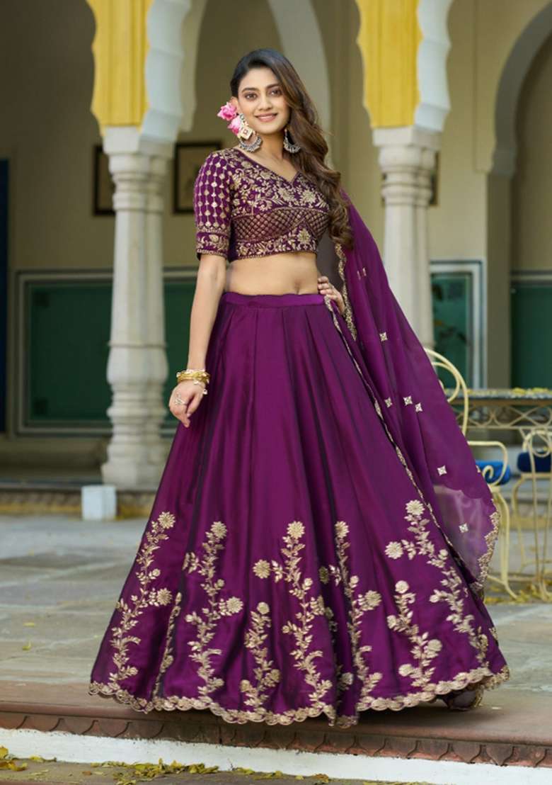 Wine Embroidered Silk Blend Lehenga Set - Indya